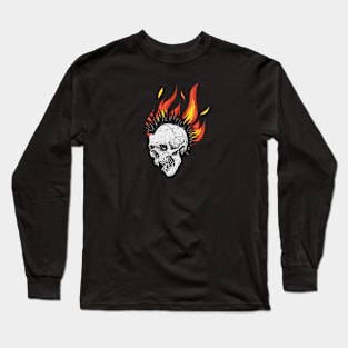 Black Orange Gothic Skull with Flame Illustration Long Sleeve T-Shirt